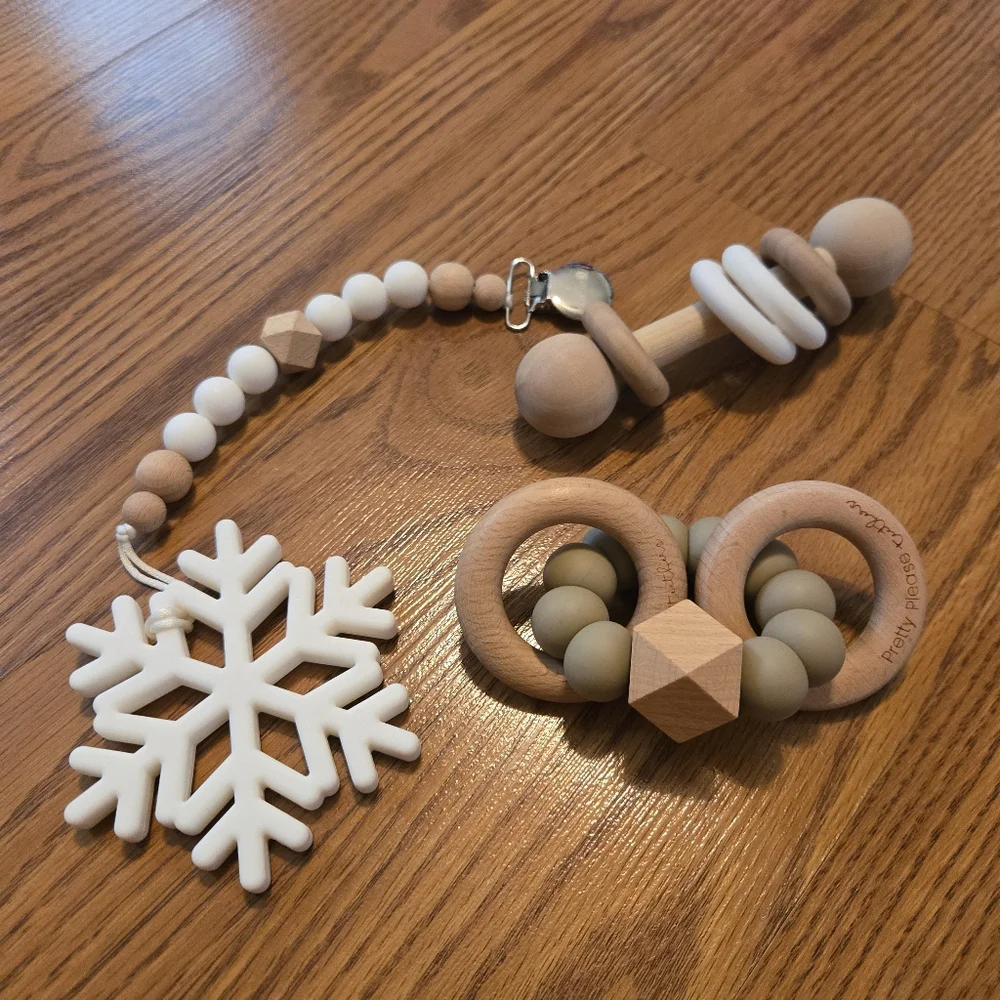 Legacy Baby Pretty Please Tutlus Natural Wooden Baby Teether Rattle Set White
